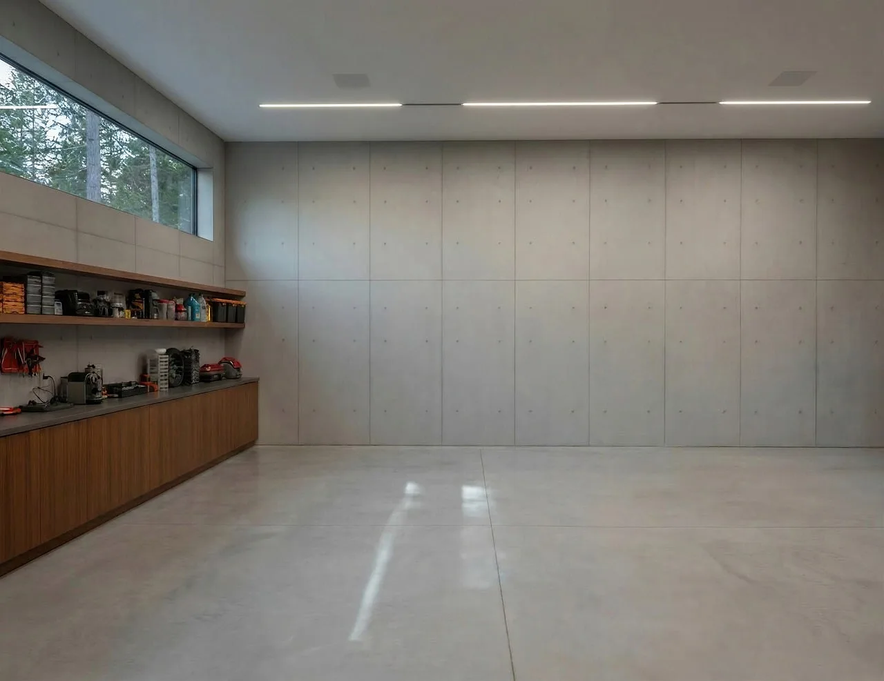 garage, car, vehicle, architecture, home, building, workshop, tools, minimalist, empty, industrial, car wallpapers, space, storage, concrete, storage cabinet, modern, lighting, design interior, furniture, organization. Workshop layouts setup: What stays fixed or mobile?