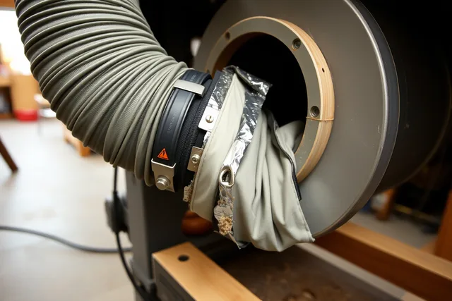 Dust collection hose clamped and taped to a blast gate at a workshop machine port. Weekend ventilation fixes: one fault at a time
