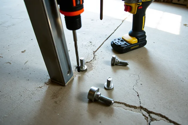 Bolting a workbench leg to a cracked, frost-heaved Calgary garage concrete slab. Anchoring a workbench when frost heave moves a Calgary garage slab