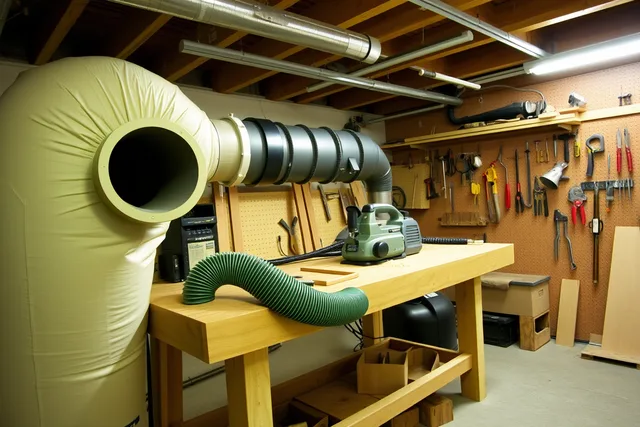 Dust collector and blast gates on a basement workshop bench. How Ottawa woodworkers keep a basement bench quiet and dust free