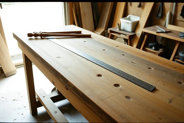 Winding sticks and straightedge on a workbench checking twist and flatness. Fixing a work surface that spoils every workshop project built on it
