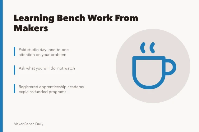 Card outlining four routes to learning bench work from makers. 5 parts of learning from bench makers, explained