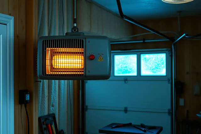 Wall-mounted 240-volt electric garage heater warming a cold Canadian workshop. Heating a Canadian garage workshop from -30°C to -5°C