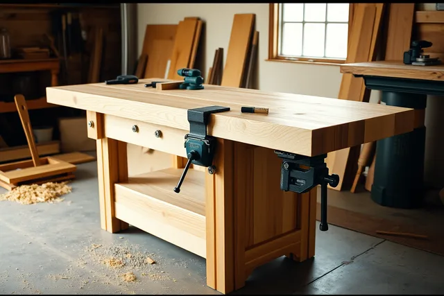 Custom hardwood workbench with vise in a workshop, tools and offcuts on top. What should you check before signing a custom workbench quote?