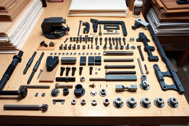 Workbench vise, bolts, inserts, brackets, dogs and casters laid out for pricing. Pricing a modular workbench: from hardware to finish