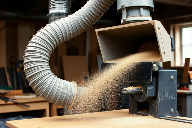Dust collector hose and hood capturing sawdust at a woodworking machine. Capture, then filtration: what workshop ventilation actually does