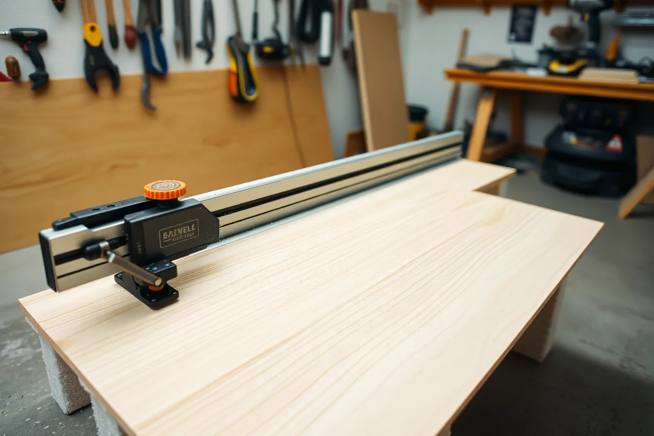 Track saw cutting plywood along a straight guide rail on a shop floor. Bare tools beat bundled kits as a first purchase in any tool system