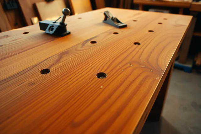 Laminated hardwood workbench top with steel vise and dog holes in a workshop. What should you ask before commissioning a custom workbench maker?
