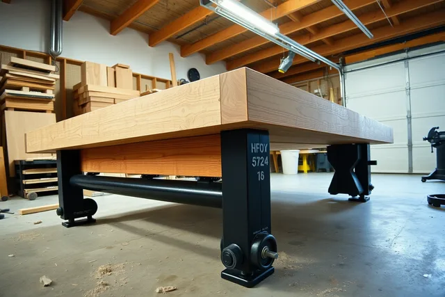 Heavy hardwood workbench top on pipe rollers and a floor jack in a garage. Custom workbench buyers: supply your own moving gear and delivery help