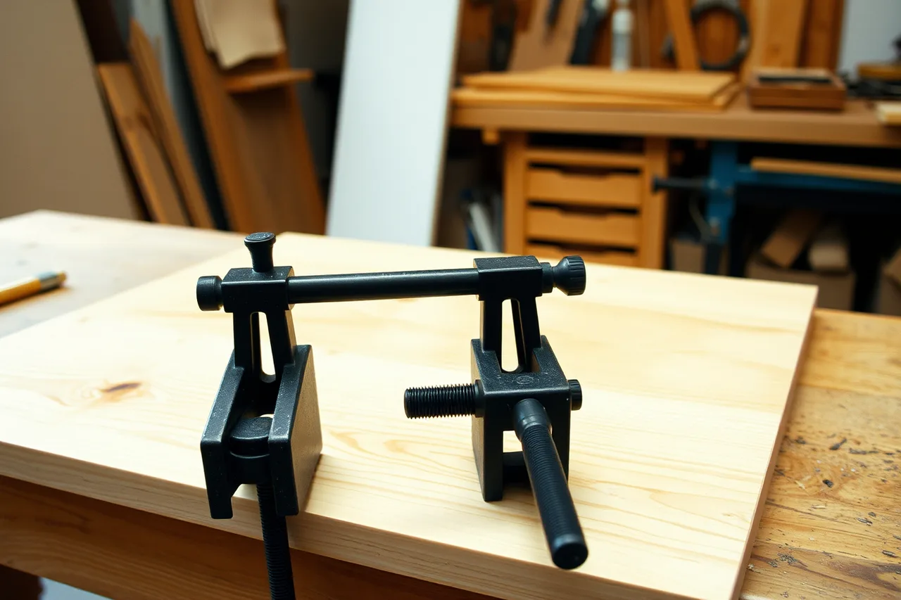 Bar clamps and medium clamps holding a glued panel on a bench (Building a first home workshop kit in the order projects need)