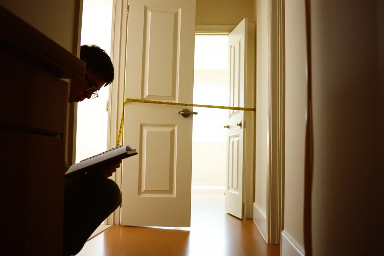 Person measuring a narrow doorway with a tape measure, door on hinges (5 things to understand about custom workbench makers)
