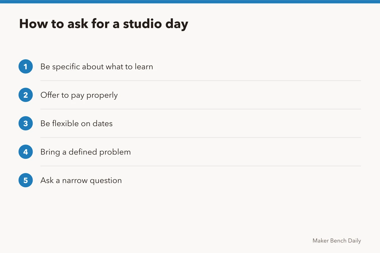 Steps for requesting a paid studio day with a maker (5 parts of learning from bench makers, explained)