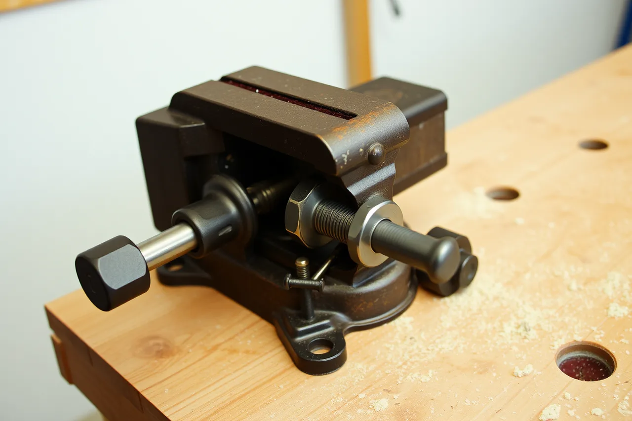 Bench vise bolted to a workbench front edge with mounting bolts visible (Pricing a modular workbench: from hardware to finish)