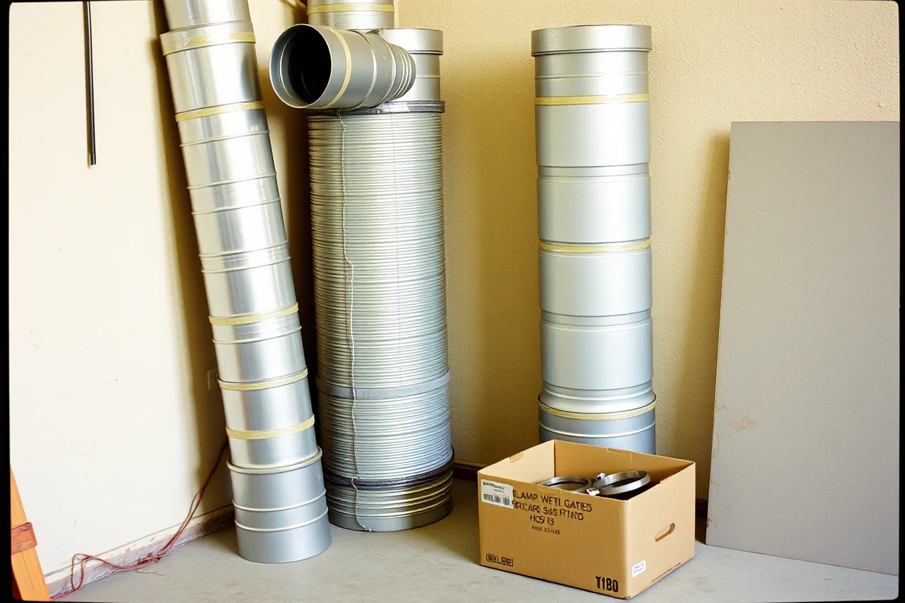 Rigid duct sections standing vertically with taped ends and a labeled fittings box (4 takeaways on workshop ventilation storage)