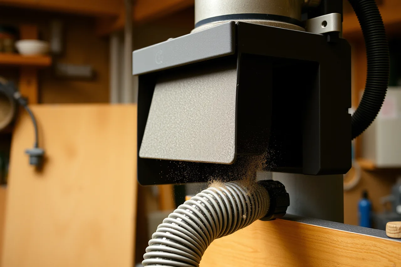 Dust hood mounted at a woodworking machine cutter with hose attached (Blast gate, downdraft box, switched circuit: one ventilation skill per build)