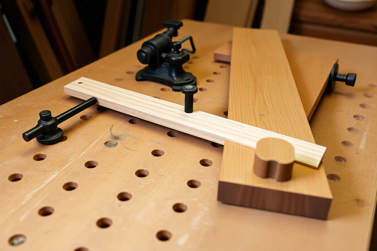 Bench dogs, holdfast and planing stop holding boards on a workbench (What to buy first for a modular workbench: vise, dogs and a stop)