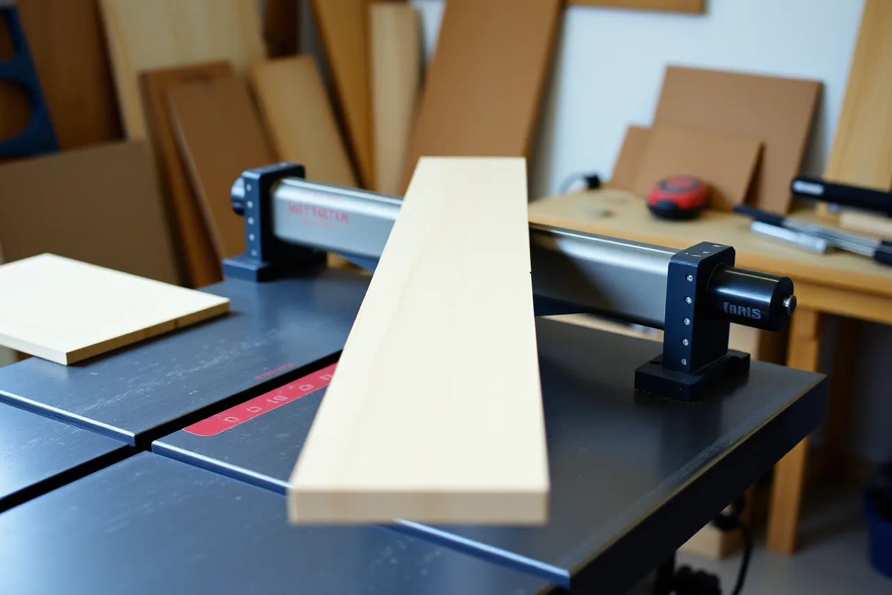 Roller stand holding a board level behind a table saw (Workshop layout basics worth buying first: wheels, light and support)