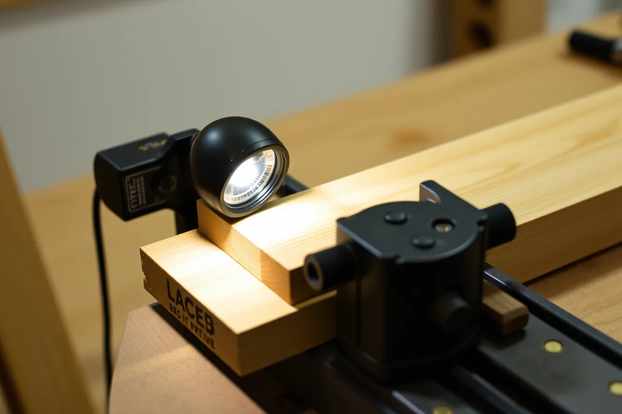 Magnetic-base LED work light angled low across a workbench (Workshop layout basics worth buying first: wheels, light and support)